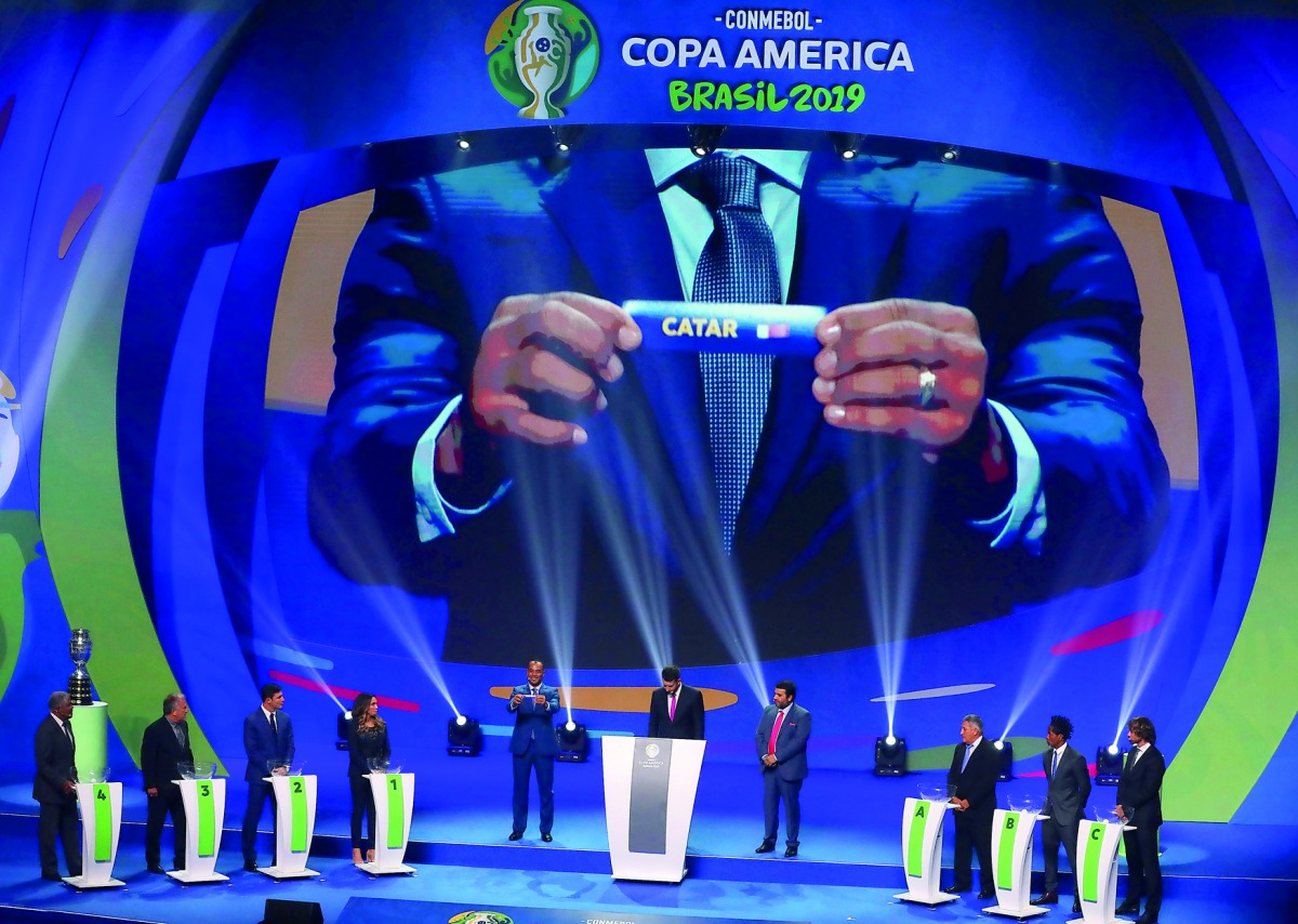 Brazillian legend Cafu pulls out Qatar’s slip  during the official draw ceremony of the 2019 Copa America in Rio de Janeiro, Brazil, on Thursday.