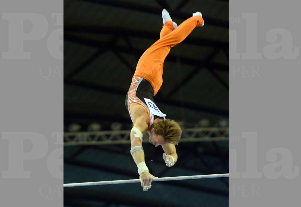 Dutch star Epke Zonderland in action in the qualifying round of horizontal bars at FIG ART Individual Apparatus World Cup in Doha, yesterday.    