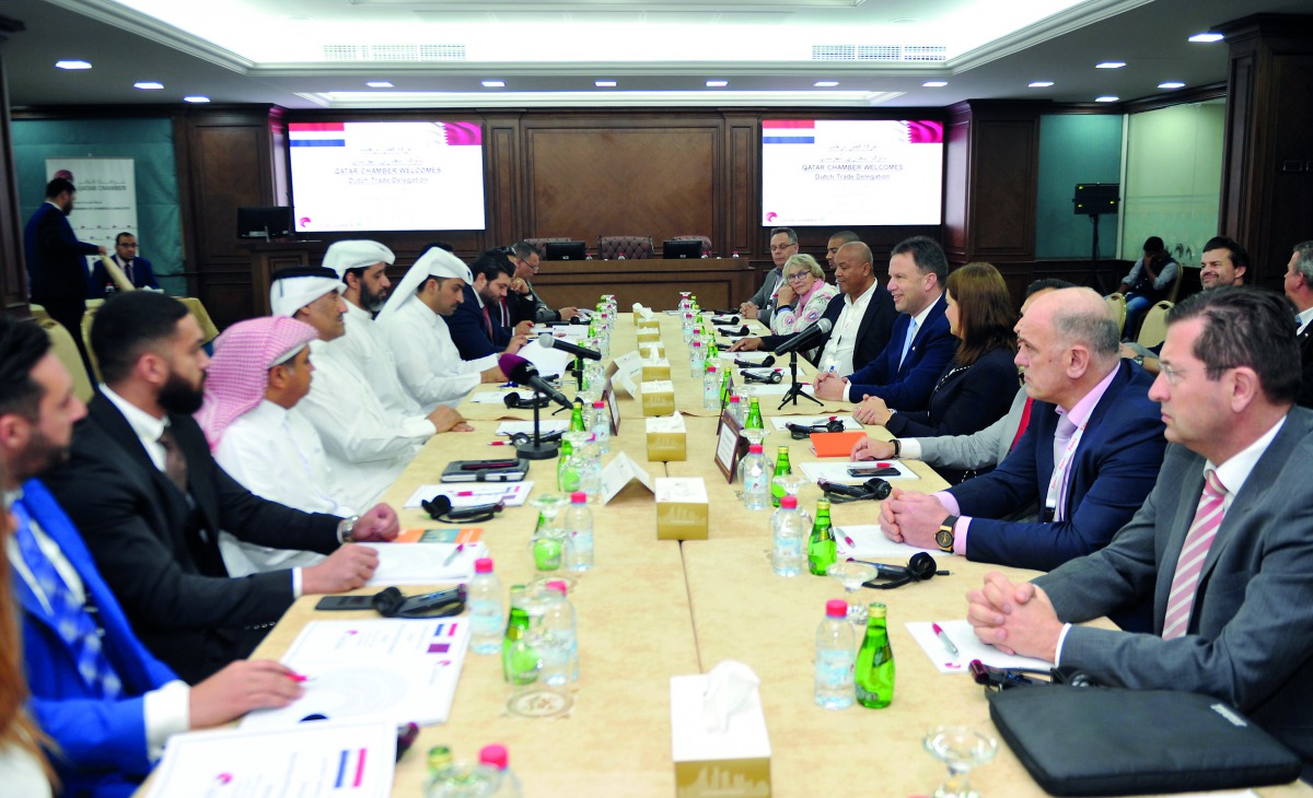 Ali Abdul Latif Al Misnad, (fourth left) Board member of Qatar Chamber (QC), Dr Bahia Tahzib-Lie, (fourth right) Ambassador of Netherlands to Qatar, during the meeting with QC members and Netherlands delegates at the QC headquarters. Pic: Abdul Basit / th