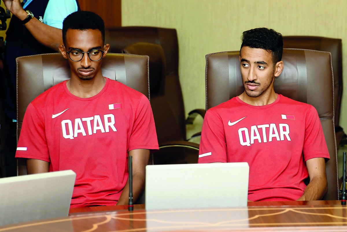 Qatari duo Abubaker Hayder Abdalla (left) and Jamal Haraine during a press conference.