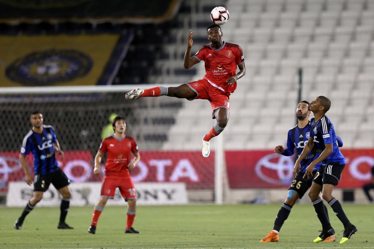 Mohammed Muntari (in header action) was the star for Al Duhail yesterday by scoring a brace while Paulo Dasilve Edmilson was the other scorer.