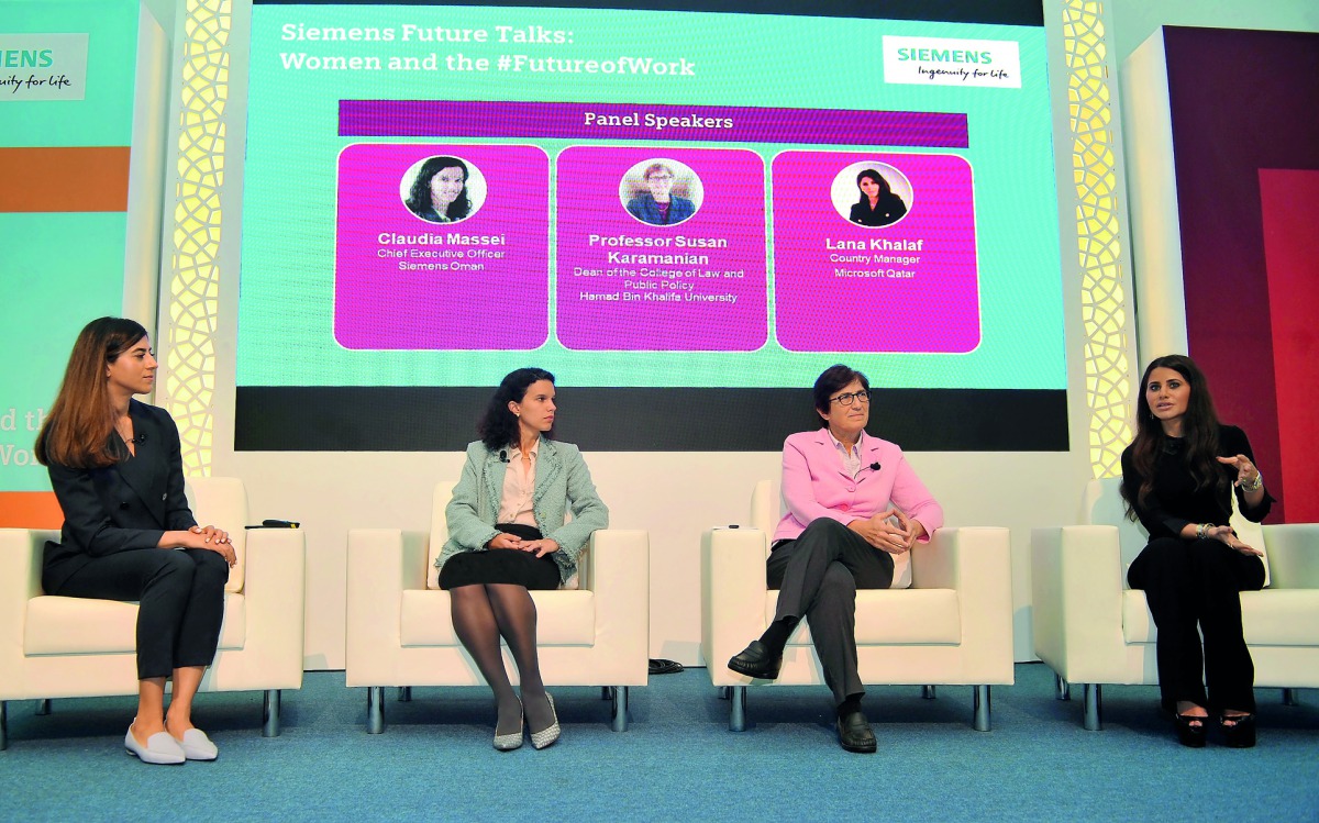 Sarah Al Hashimi (left), Head of Communications at Siemens Qatar, with Claudia Massei (second left), CEO Siemens Oman, Professor Susan L Karamanian (second right), Dean of the Colloge of Law and Public Policy at HBKU, and Lana Khalaf, Country Manager of M