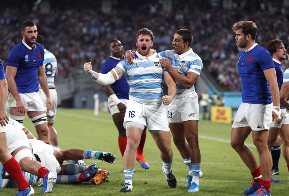 Argentina's Matias Moroni celebrates scoring their second try. Reuters/Issei Kato