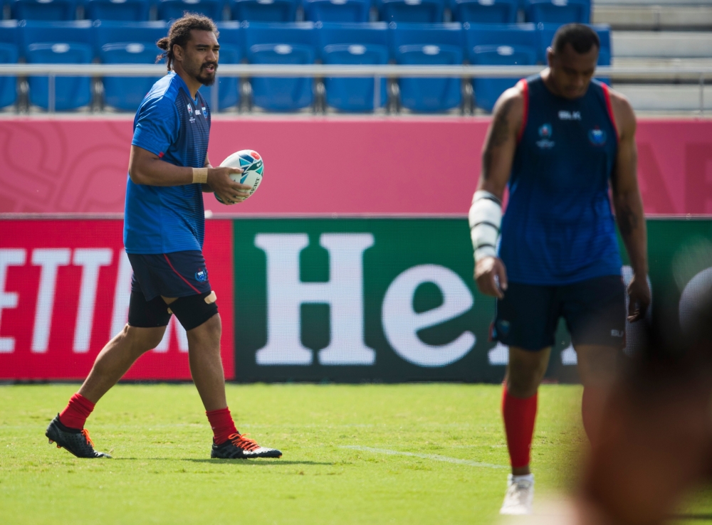 Samoa's lock Christopher Vui (L) takes part in the captain's run at Kumagaya Rugby Stadium in Kumagaya on September 23, 2019, ahead of their Rugby World Cup Pool A match against Russia. AFP / Odd ANDERSEN