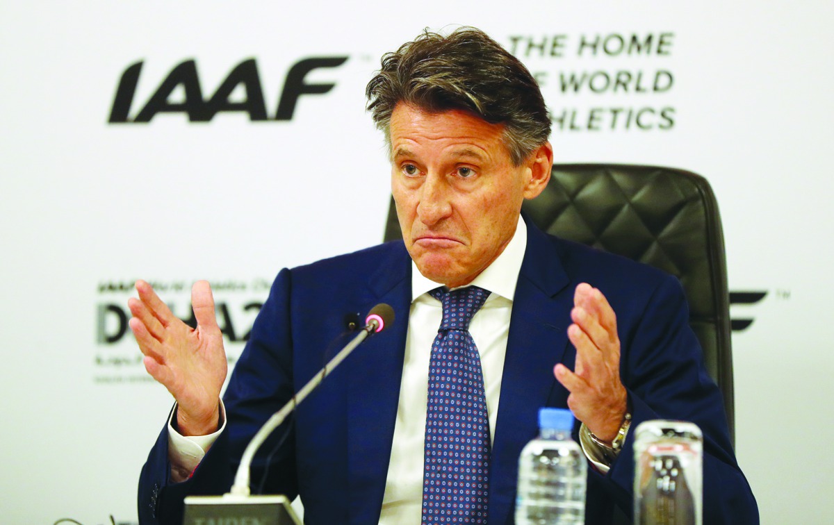 IAAF president Sebastian Coe during a press conference  at the Sheraton Grand Doha Resort & Convention Hotel, Doha, yesterday.