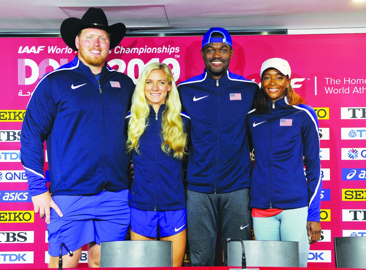 From left: American athletes Ryan Crouser, Emma Coburn, Rai Benjamin and Dalilah Muhammad during a press conference at Khalifa Stadium yesterday. Pic: Abdul Basit/The Peninsula