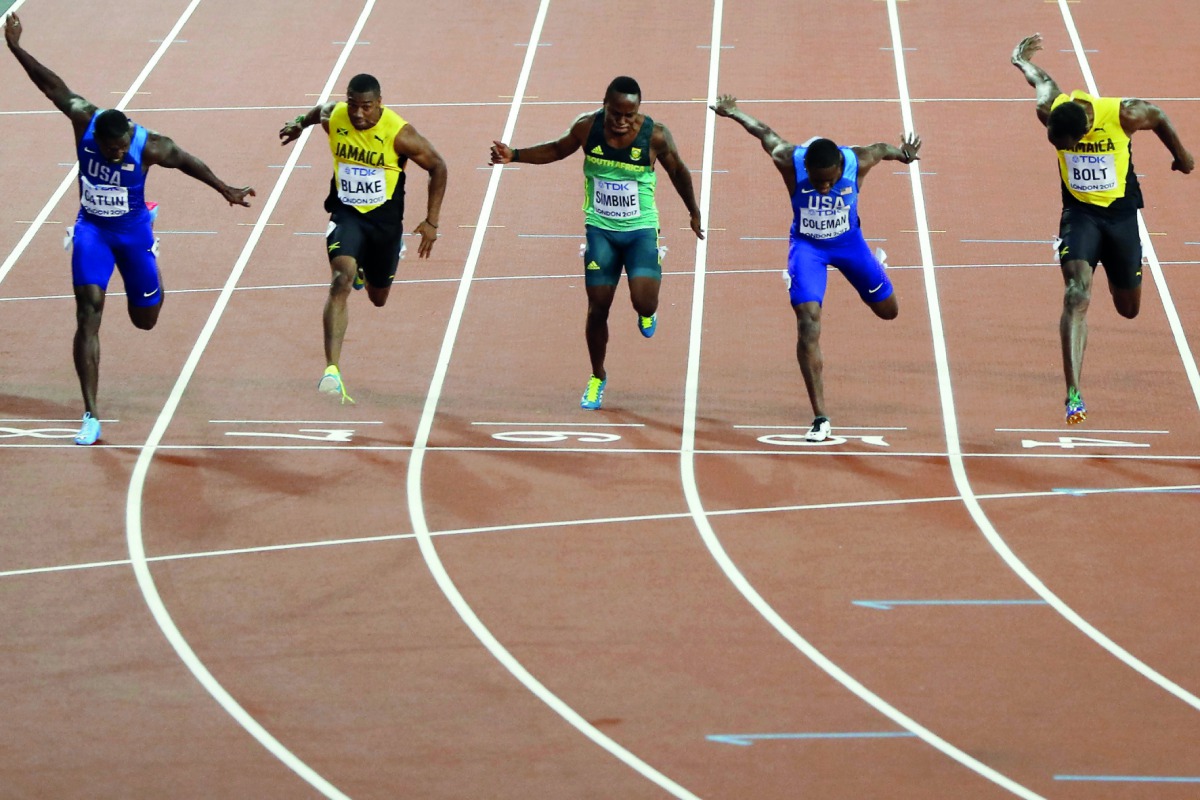 FROM LEFT: US athlete Justin Gatlin, Jamaica’s Yohan Blake, South Africa’s Akani Simbine, US’ Christian Coleman and Jamaica’s Usain Bolt compete in the final of the men’s 100m final at the 2017 IAAF World Championships in this file picture.