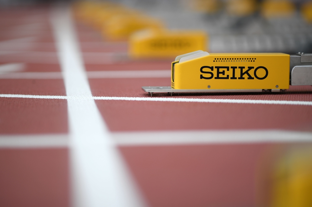 Starting blocks are seen on the track of the Khalifa International Stadium in Doha on September 25, 2019 ahead of the IAAF World Athletics Championships. AFP / Kirill Kudryavtsev
 