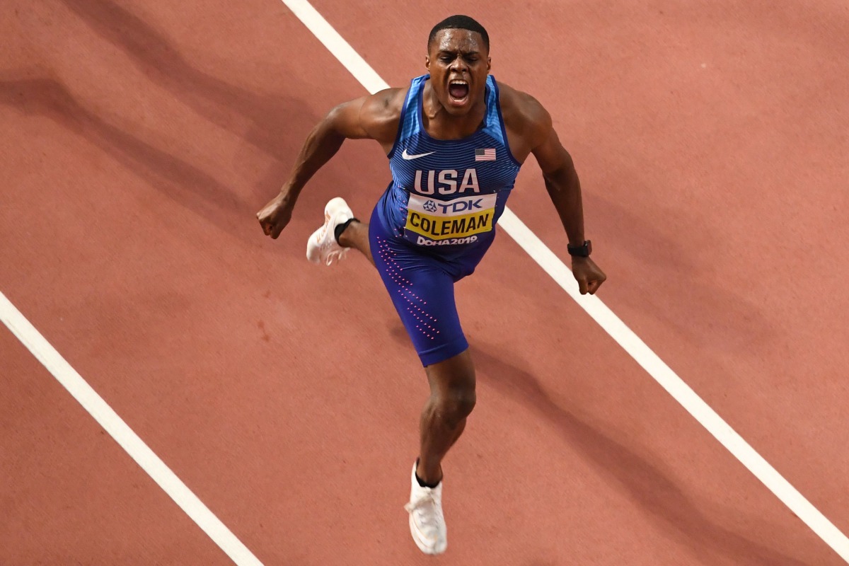 USA’s Christian Coleman crosses the finish line to win the men’s 100m final of the 2019 IAAF World Athletics Championships at the Khalifa International Stadium in Doha on Saturday.