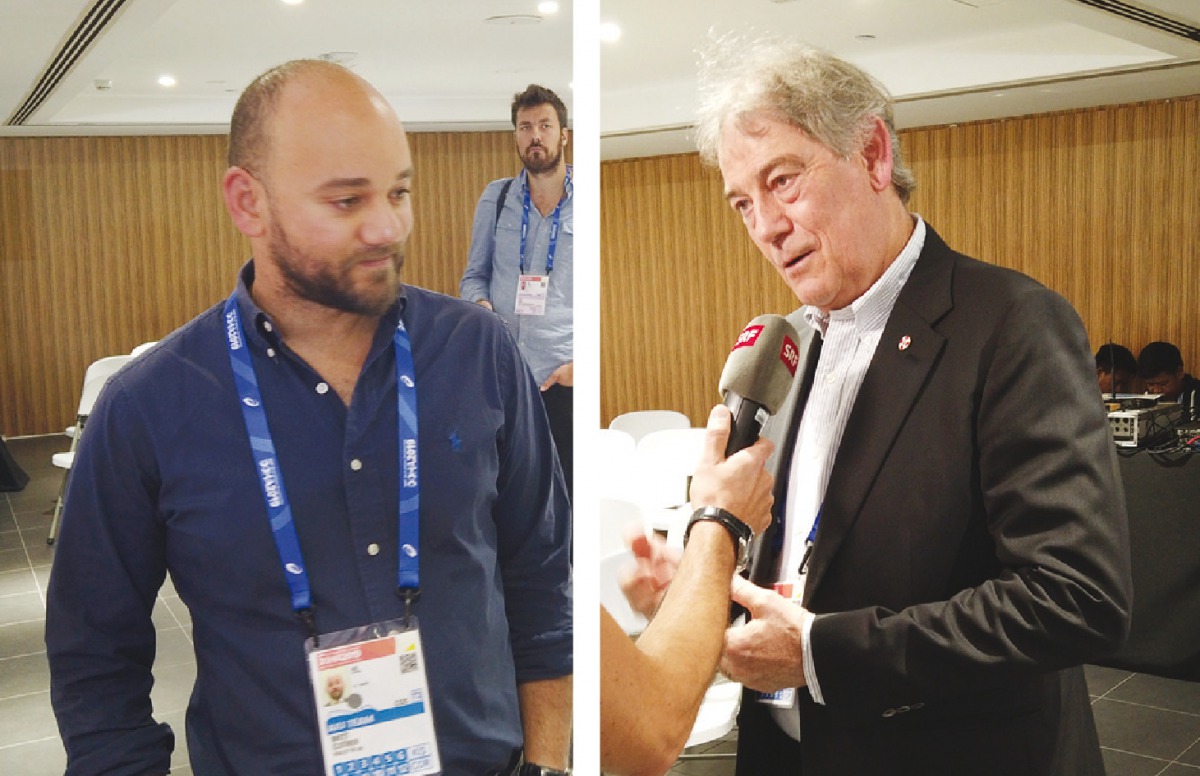 The CEO of Athletics Integrity Unit (AIU) Brett Clothier (left) and AIU Chairman David Howman during a press conference held in Doha, yesterday. Pictures: Armstrong vas / the Peninsula