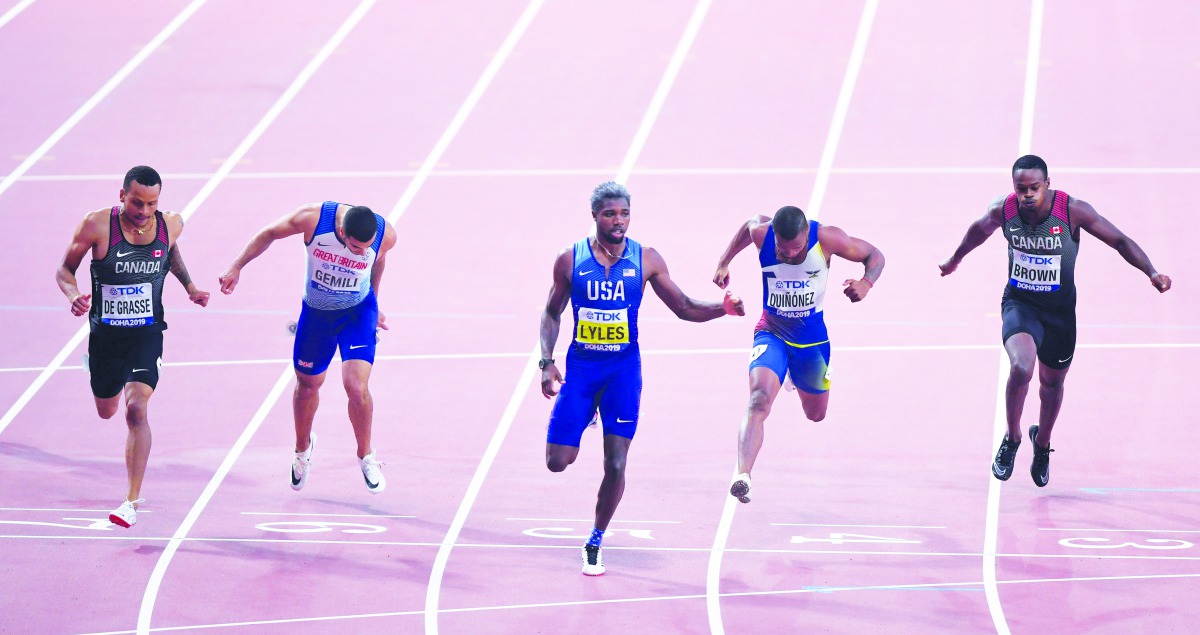 Noah Lyles of the US (centre) winning the men’s 200 metres final on the fifth day of the IAAF World Championships Doha 2019 at the Khalifa International Stadium in Doha, yesterday. Picture: Abdul Basit / The Peninsula