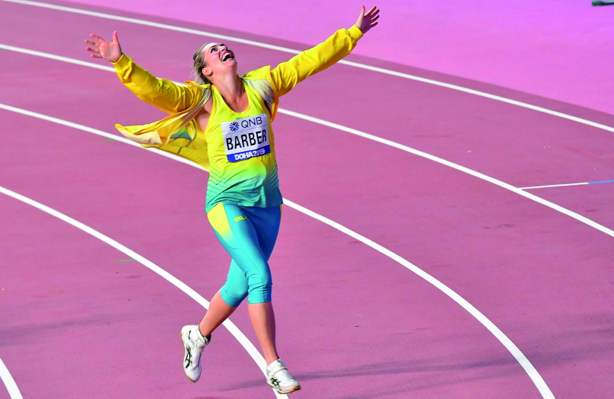 Australia’s Kelsey-Lee Barber celebrates after winning the Women’s Javelin Throw final at the 2019 IAAF Athletics World Championships.