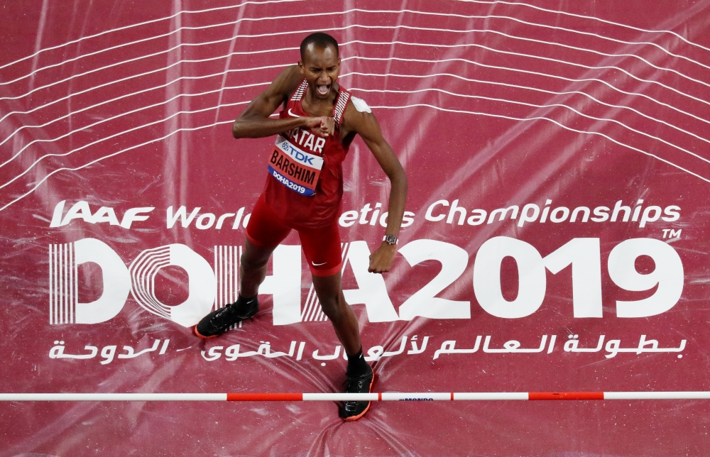 Qatar's Mutaz Essa Barshim reacts after winning gold in Men's High Jump final at World Athletics Championships at Khalifa International Stadium, Doha, Qatar, October 4, 2019. Reuters/Pawel Kopczynski
 