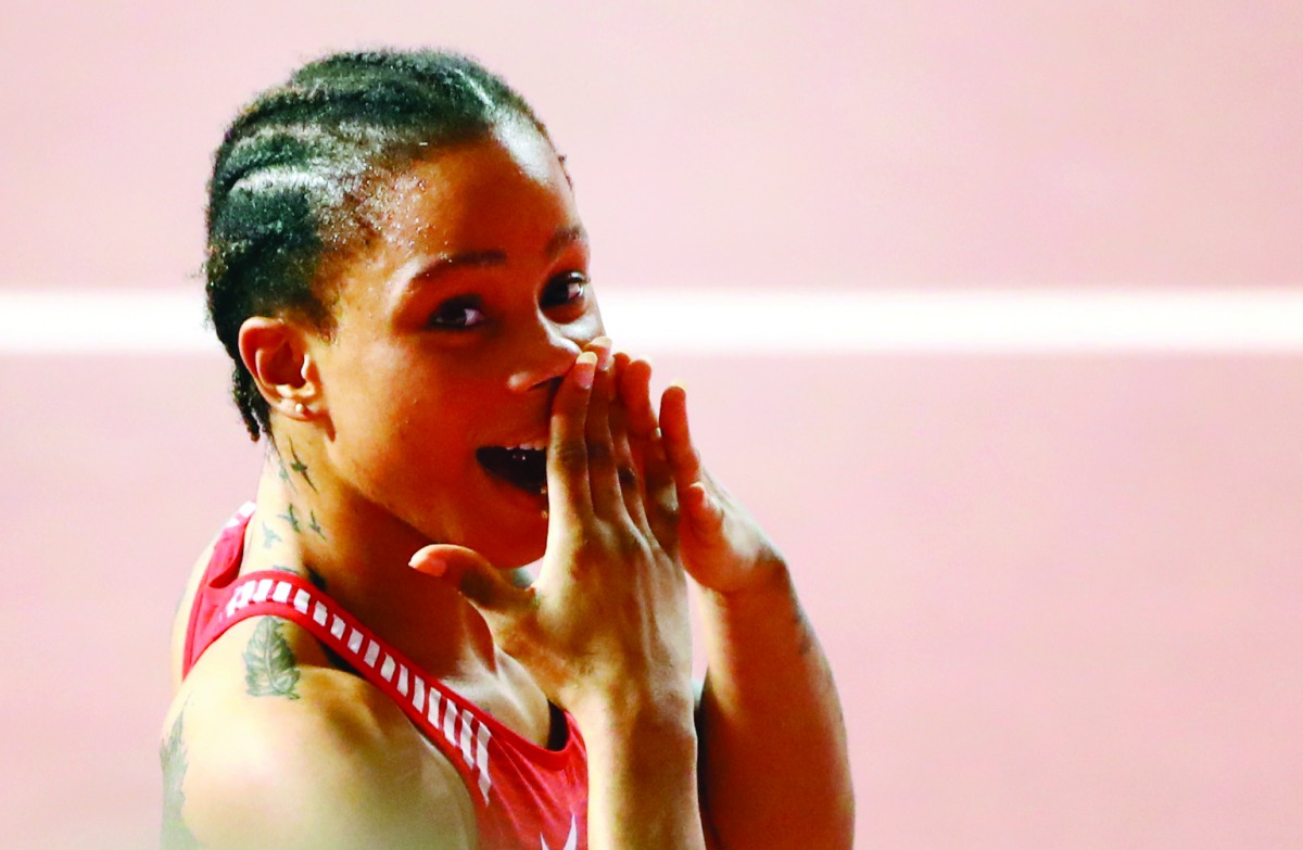 Bahrain’s Salwa Eid Naser reacts after winning the women’s 400 metres final during the IAAF World Athletics Championships at the Khalifa International Stadium in Doha, on Thursday.