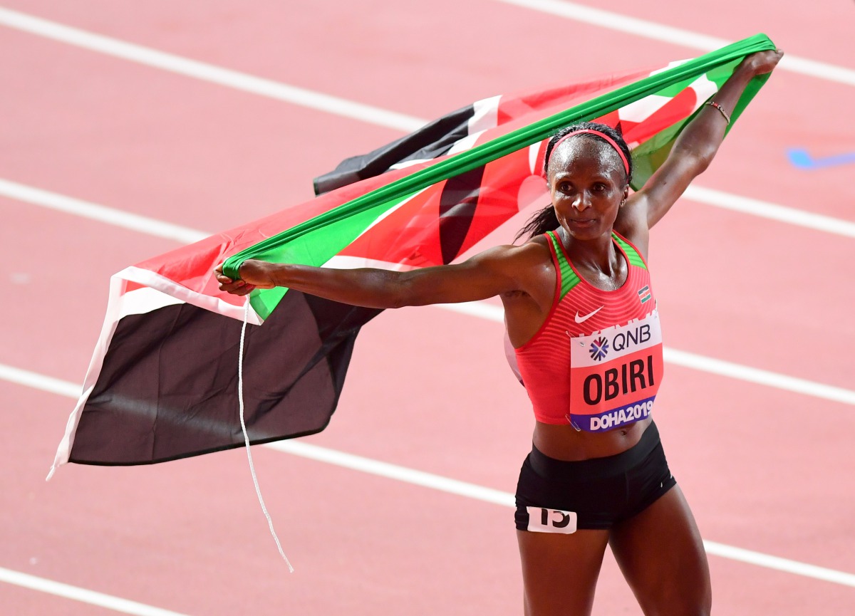 Kenya’s Hellen Obiri celebrates after winning the women’s 5,000m final yesterday.