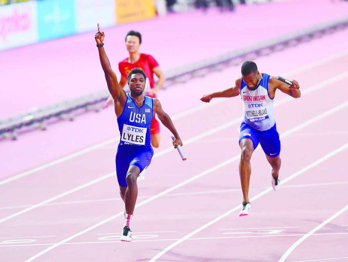 Noah Lyles celebrates as USA win the men's 4x100m relay final at the 2019 IAAF Athletics World Championships yesterday.