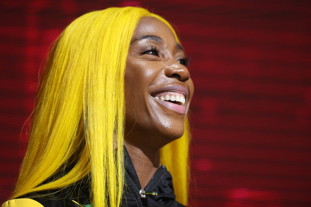 World Athletics Championship Women's 100 Metres Final Gold medalist Jamaica's Shelly-Ann Fraser-Pryce on the podium at Khalifa International Stadium, Doha, September 30, 2019.. Reuters/Hannah Mckay
 
 