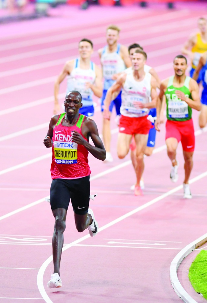 Kenya’s Timothy Cheruiyot crossing the finish line to win the men’s 1,500m final at the 2019 IAAF Athletics World Championships in Doha, yesterday Pictures: Abdul basit / The PEininsula