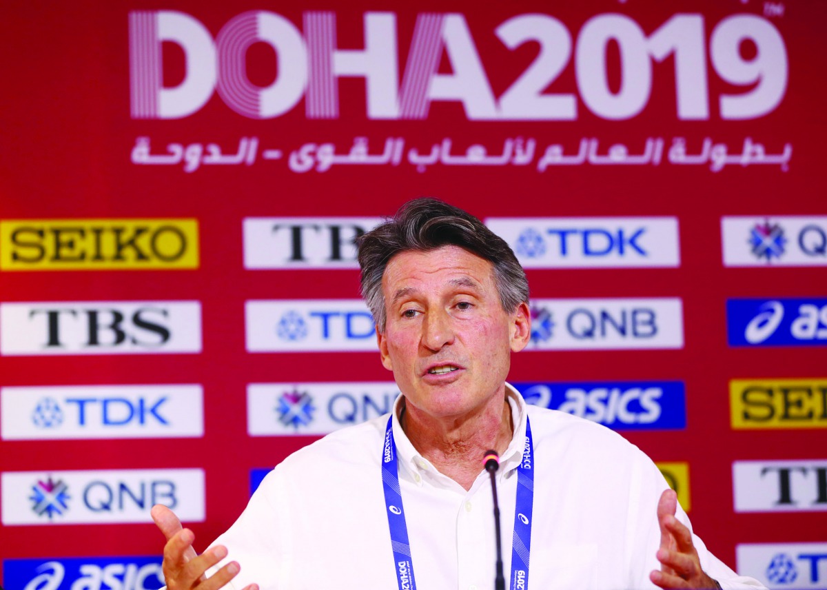 IAAF President Sebastian Coe speaks during a press conference at the Khalifa International Stadium, yesterday.