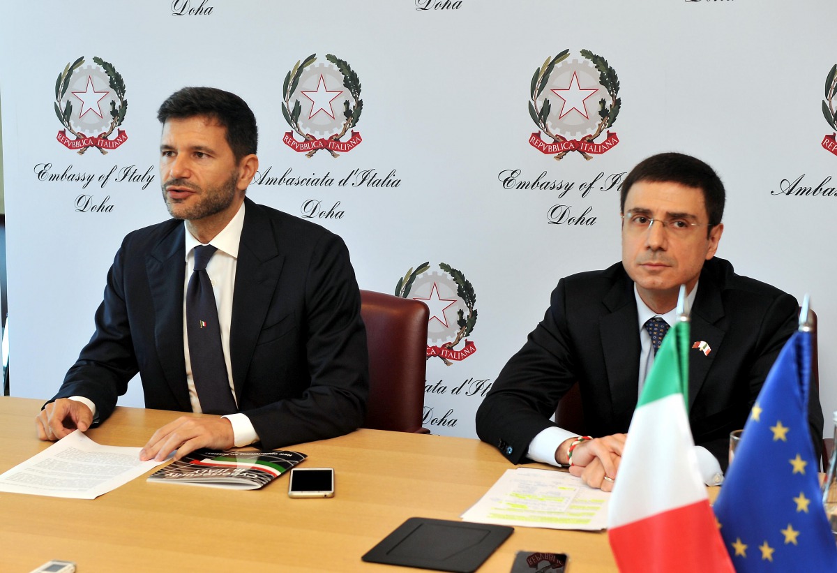 Italy’s Ambassador to Qatar, Pasquale Salzano, (left) and Italian Trade Commissioner to Qatar, Giosafat Rigano’, addressing a press conference to announce Italy’s participation at QITCOM 2019 at the Italian Embassy yesterday. Pic: Abdul Basit/ The Peninsu