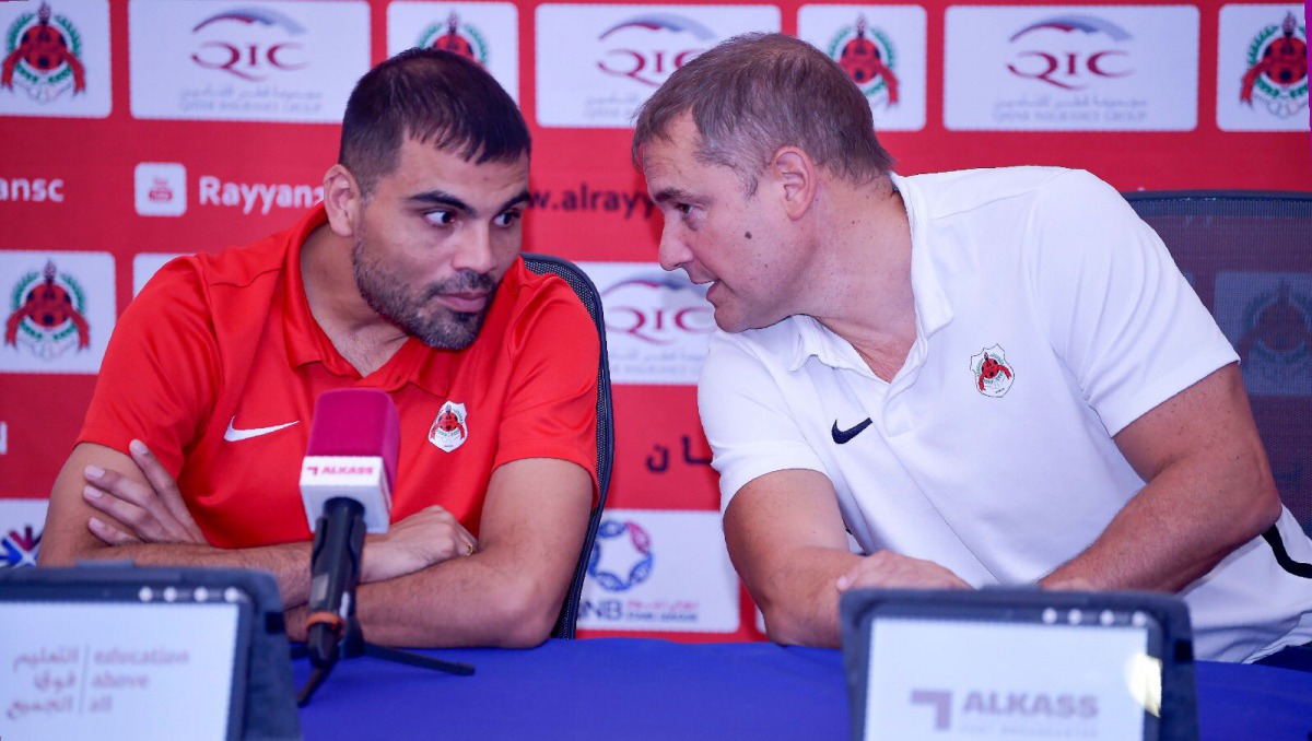 Al Rayyan’s Uruguayan coach Diego Aguirre (right) and Argentinian international Gabriel Mercado during a press conference held in Doha, yesterday.