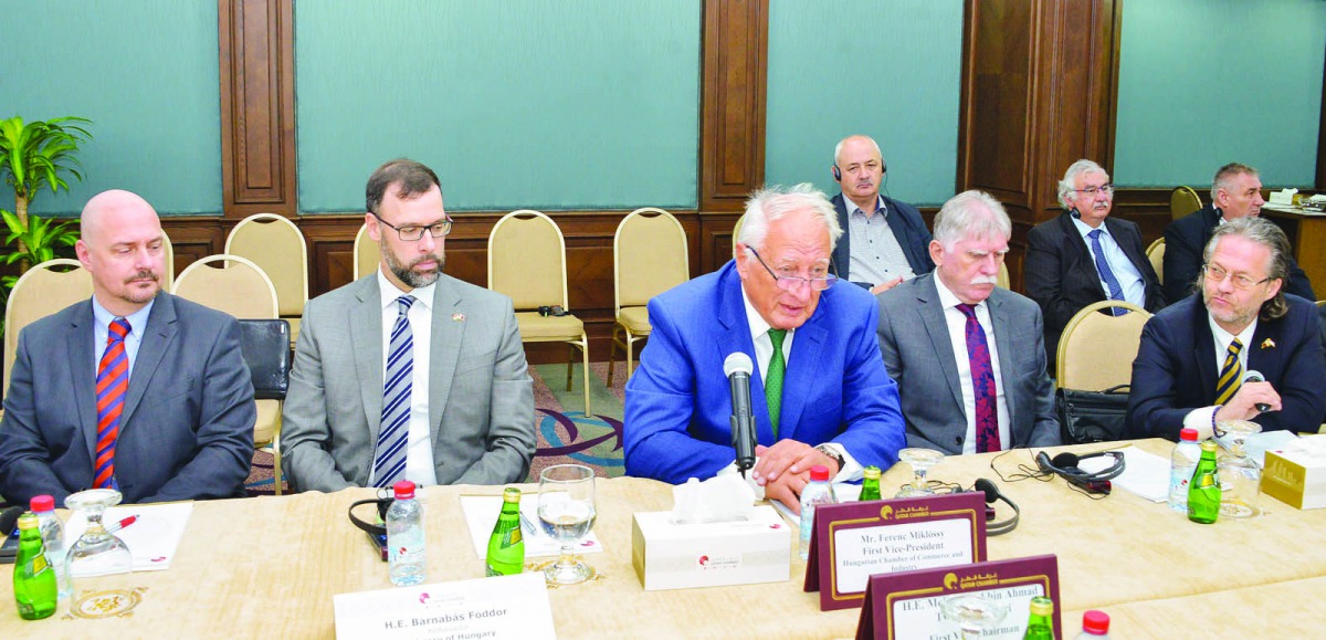 Hungary’s Ambassador to Qatar, Barnabas Foddor (second left), and Hungarian trade delegation members attending the meeting at Qatar Chamber office, yesterday.