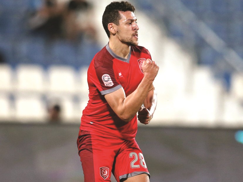 Al Duhail’s Yousef Msakni celebrates after scoring against Al Khor yesterday.