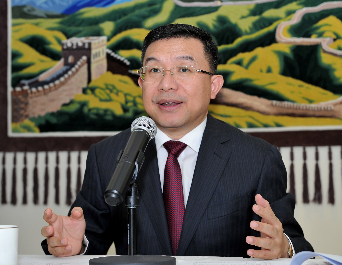 Chinese Ambassador to Qatar, Zhou Jian, addressing the media at his residence in Doha yesterday.  Pic: Salim Matramkot/The Peninsula