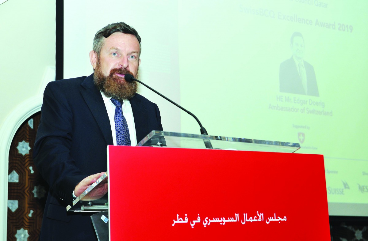 Switzerland’s Ambassador to Qatar, Edgar Doerig, speaking during the 4th Swiss Business Council Awards at Marsa Malaz Kempinski Hotel in Doha, recently. Pic: Salim Matramkot/The Peninsula
