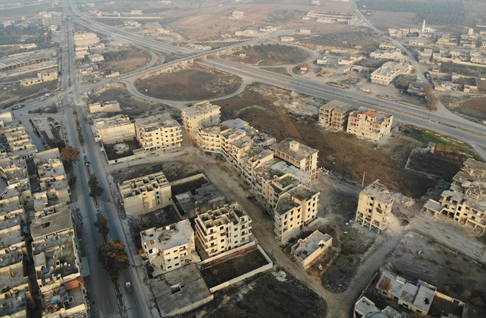 A drone picture taken on December 23, 2019 shows empty streets and damaged buildings in the town of Maaret Al-Numan in the northwestern Idlib province. AFP / Omar HAJ KADOUR