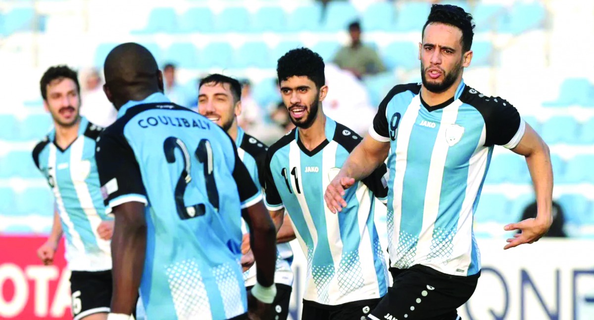 Al Wakrah players celebrate after scoring a goal against Al Sadd during their QNB Stars League match played at the Al Wakrah Stadium yesterday.