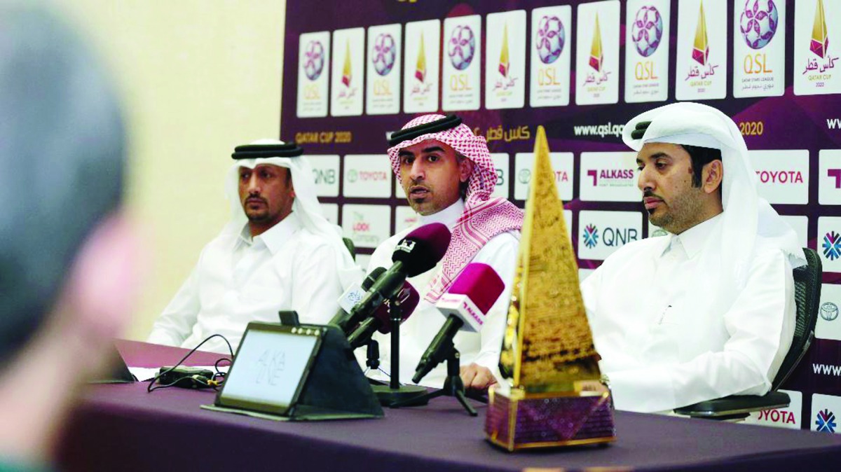 Hassan Rabiah Al Kuwari, Executive Director of Marketing, Sales and Communication at QSL; Ahmed Al Sayed, Head of Football Operations at QSL, and Lieutenant Jaber Salem Al Athba, Representative of Stadium Security Department of the Ministry of Interior du