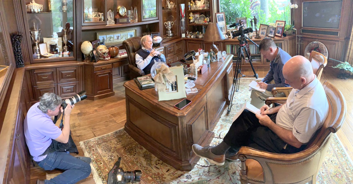 Golf legend Jack Nicklaus is seen talking to reporters at his home in this photo shared by the American on his official Twitter handle @jacknicklaus. Below is another photo of him shared on his Twitter handle. Nicklaus turned 80 yesterday. 