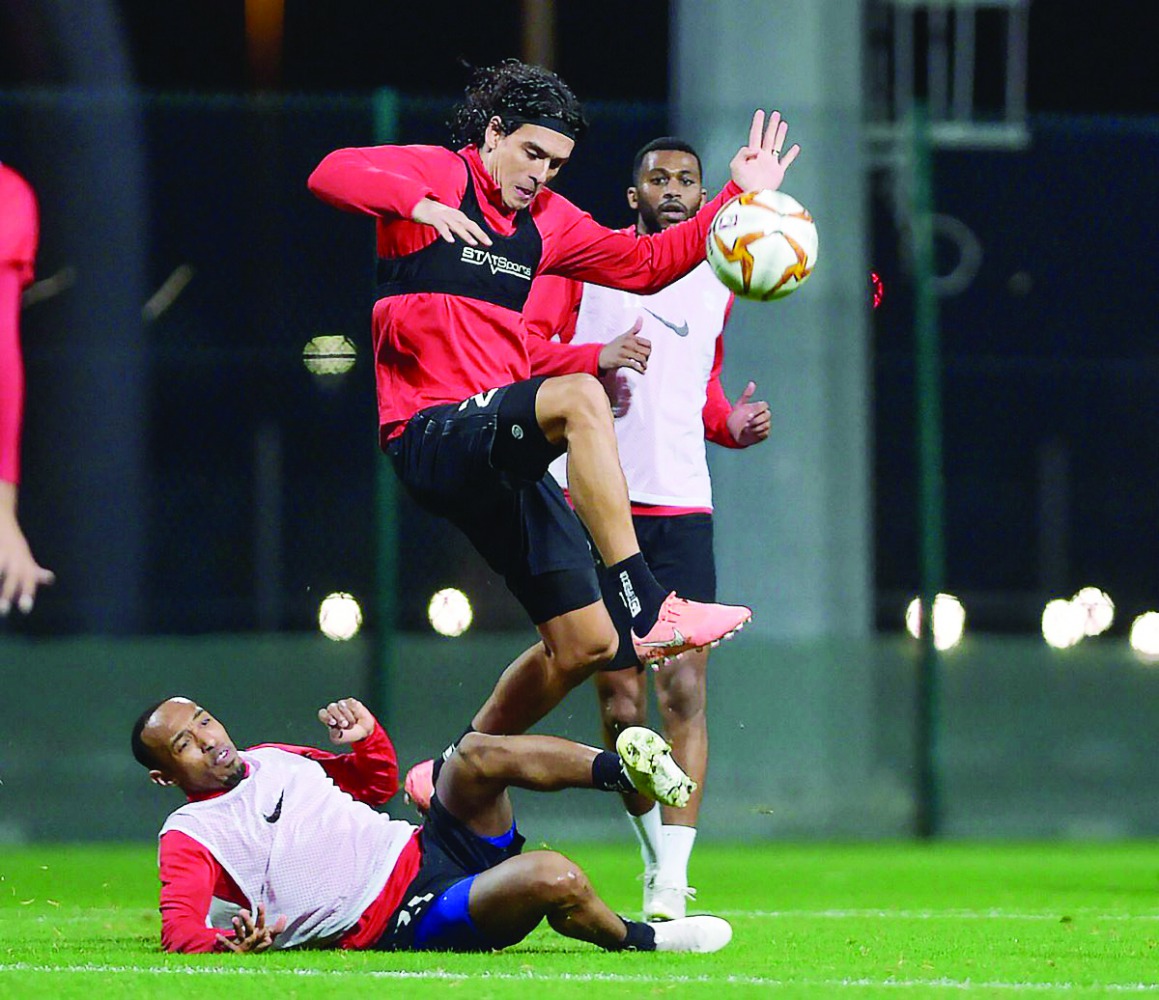 Al Rayyan's Sebastian Soria (centre) in action with his team-mates during a training session ahead of their QSL game against Al Gharafa. 