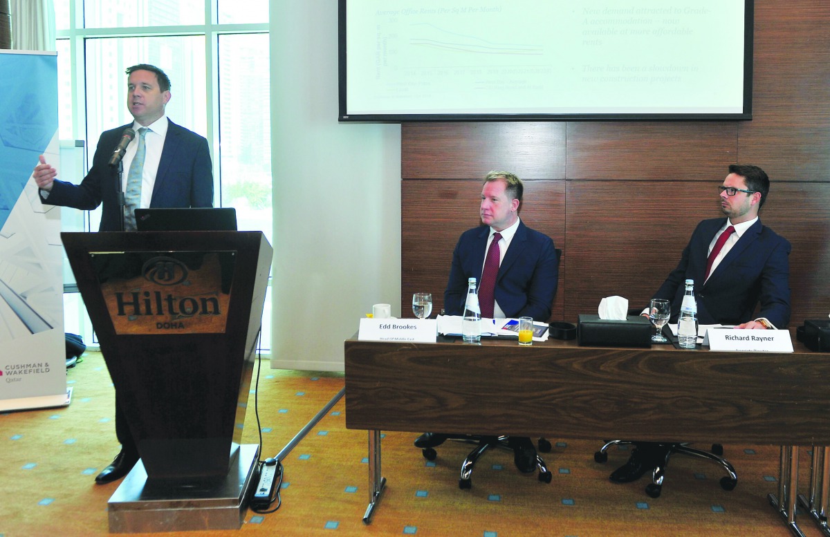 FROM LEFT: Johnny Archer, Director of Consulting & Research at Cushman and Wakefield Qatar, Edd Brookes, Head of Cushman & Wakefield Middle East, and Richard Rayner, Associate Director at Cushman & Wakefield Qatar, during a breakfast briefing on Qatar’s R