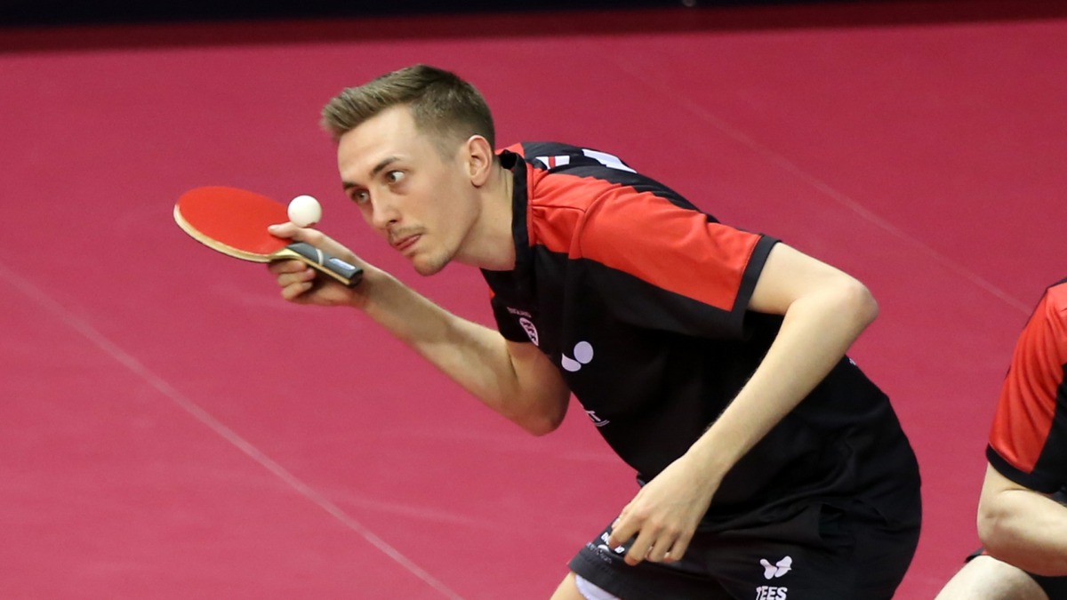 Great Britain's Liam Pitchford in action at Aspire Academy Hall yesterday 