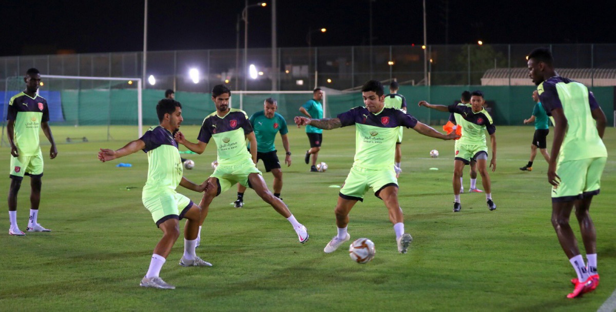 Al Duhail players in action during a practice session ahead of today's QNB Stars League Round-22 match against Al Ahli.