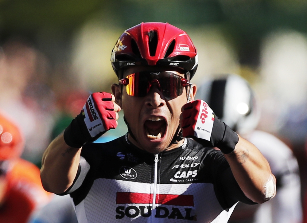 August 31, 2020. Lotto Soudal rider Caleb Ewan of Australia wins the stage. REUTERS/Benoit Tessier