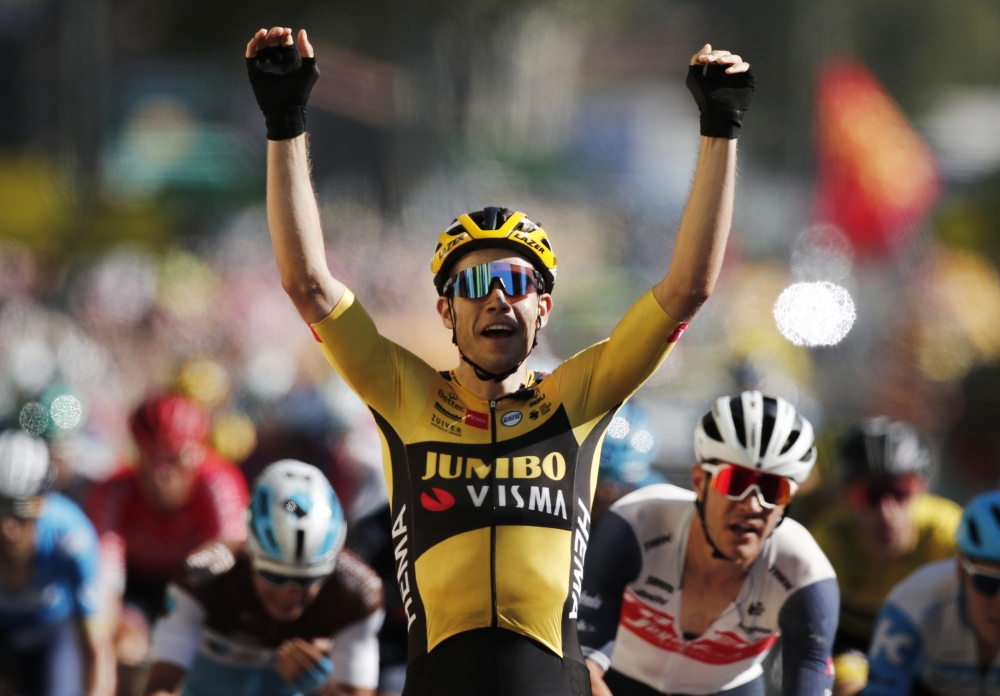 September 4, 2020. Team Jumbo-Visma rider Wout Van Aert of Belgium wins the stage. REUTERS/Benoit Tessier/Pool