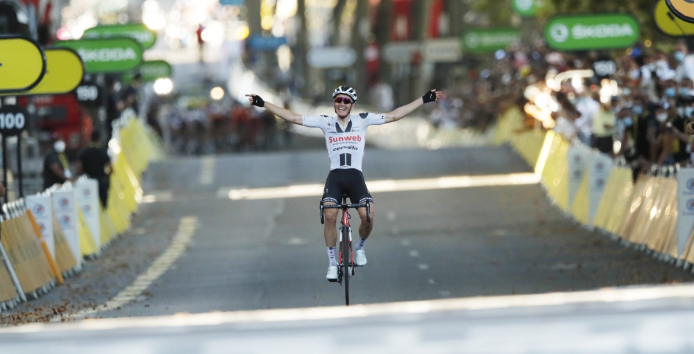 Team Sunweb rider Soren Kragh Andersen of Denmark crosses the finish line. (Reuters/Stephane Mahe/Pool)