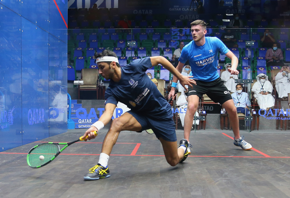 Qatar's Abdulla Mohd Al Tamimi  in action against Englishman  Patrick Rooney during their first round match of Qatar Classic Squash Championship which kicked off at Khalifa International and Squash Complex yesterday. Al Tamimi won the match 3-2.