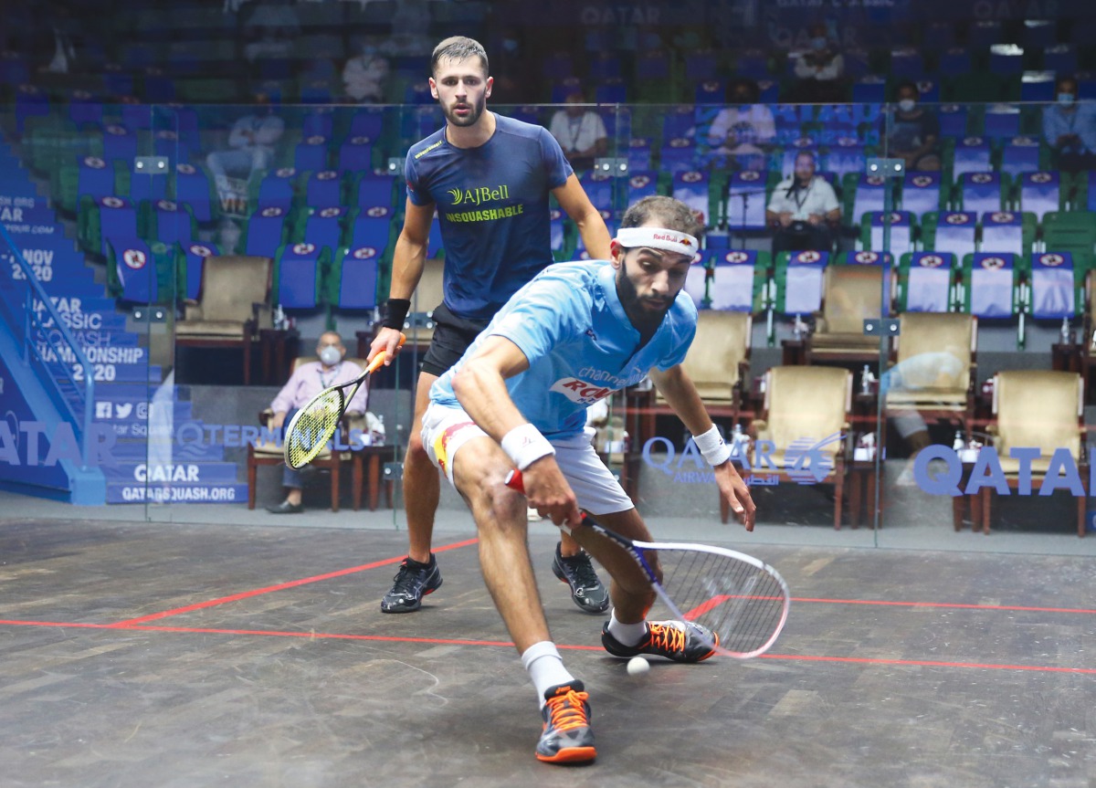 Egypt's Mohamed ElShorbagy in action against Englishman George Parker during the second round of the Qatar Classic Squash Championship at Khalifa International Tennis and Squash Complex, yesterday. 