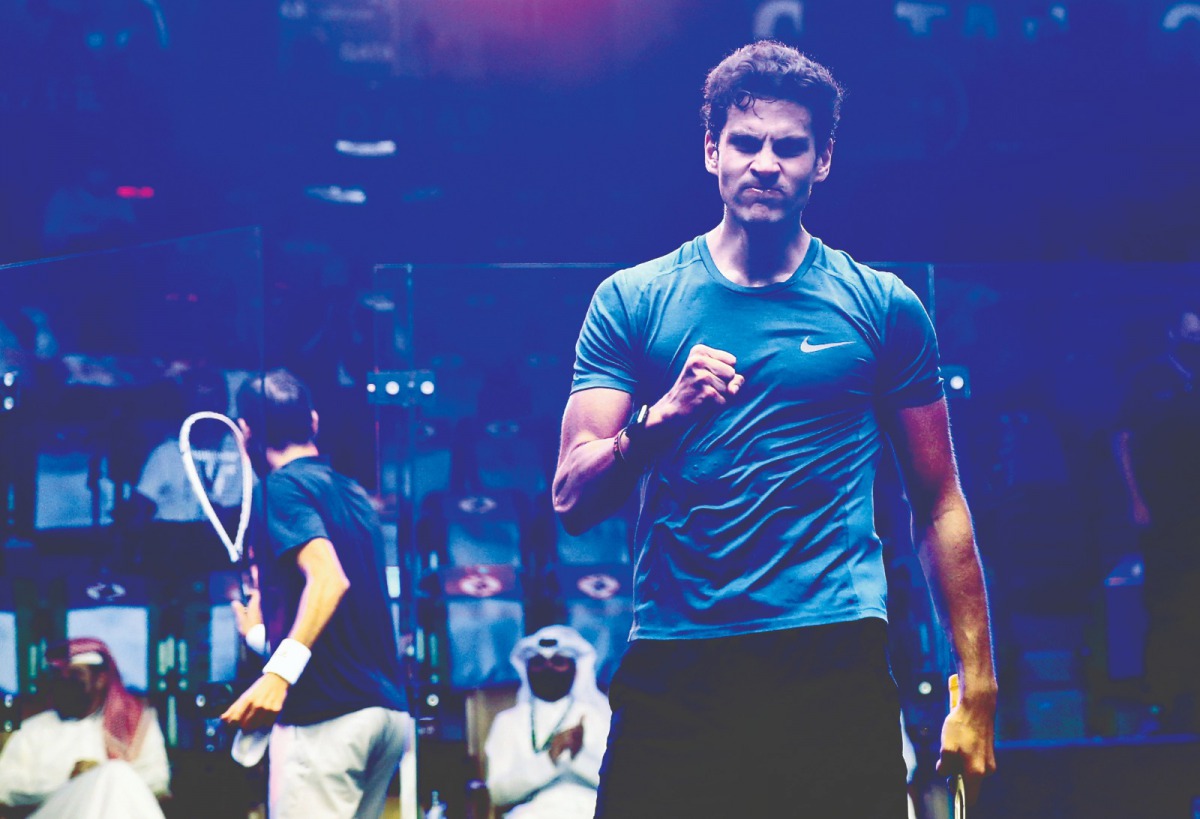 Egypt's Youssef Ibrahim celebrates after defeating compatriot and top seed Mohamed ElShorbagy during the third round of Qatar Classic yesterday.