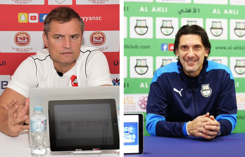 Al Rayyan coach Diego Aguirre (left) and Al Ahli coach Nebojsa Jovovic react during press conferences. 