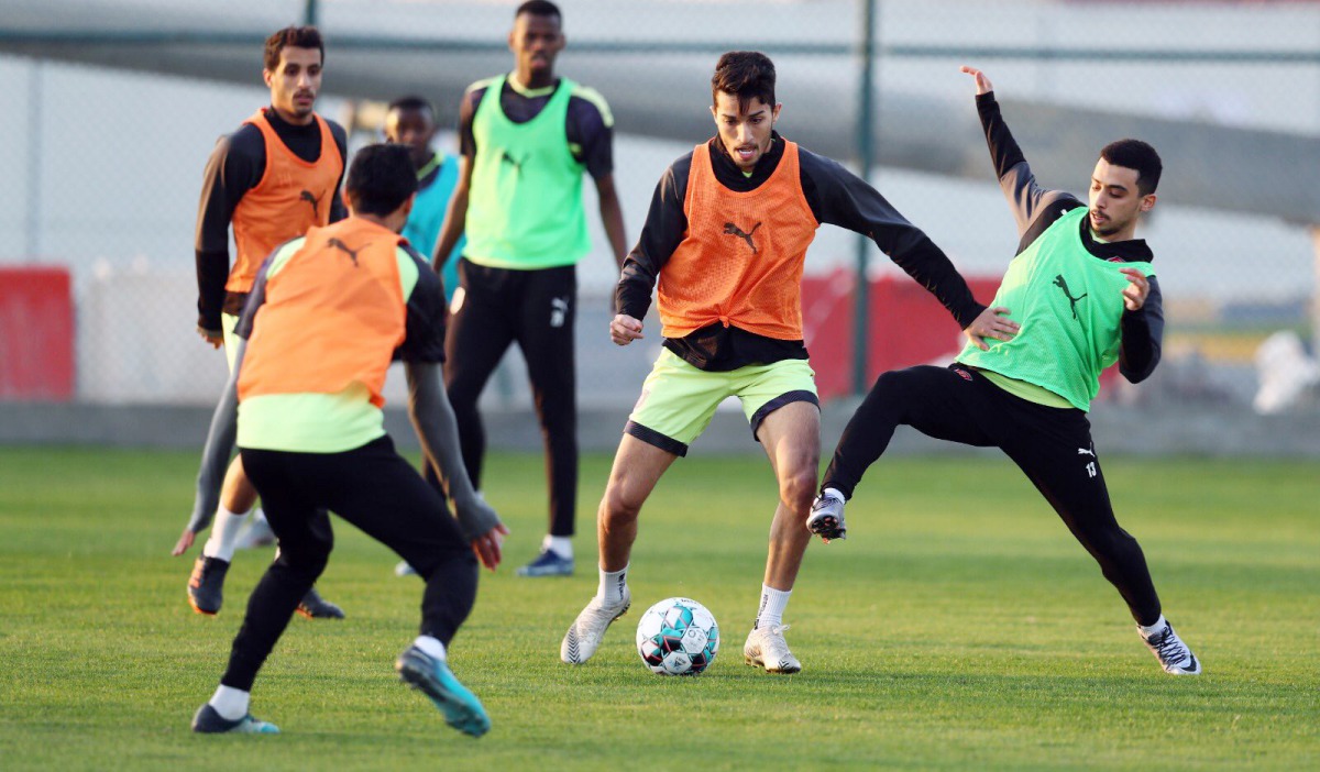 Al Duhail players taking part in a practice session ahead of their QNB Stars League Round 11 match against Al Ahli which will be played at Al Ahli Stadium today.