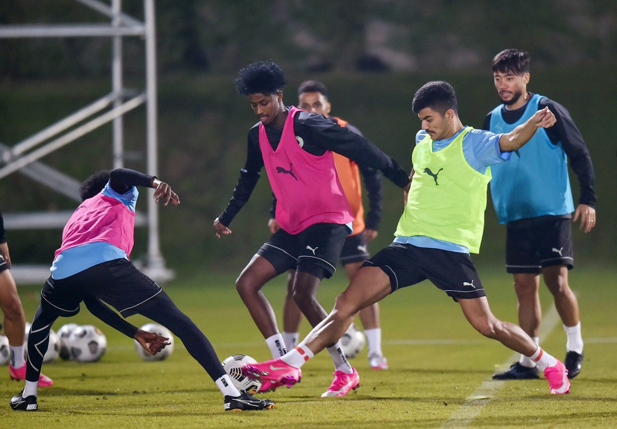 Al Sadd players in action during a practice session yesterday.