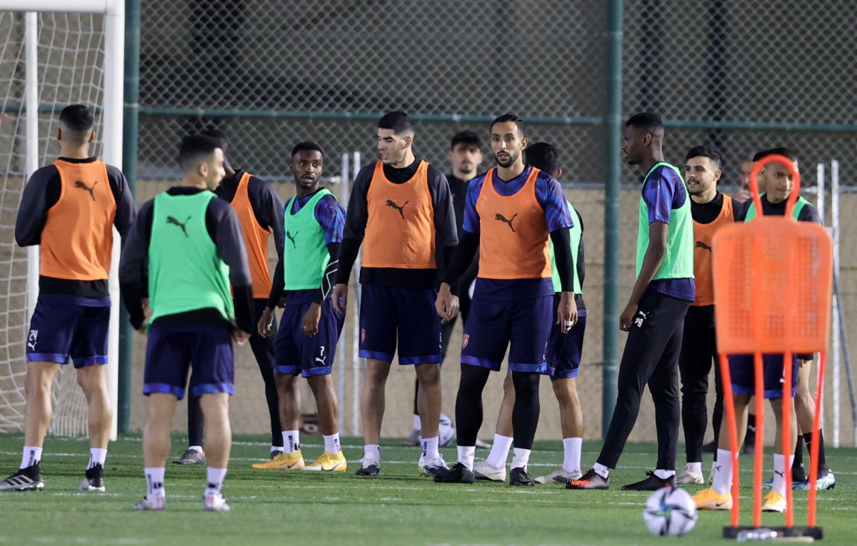 Al Duhail players taking part in a training session yesterday ahead of their 2020 FIFA Club World Cup match against Egypt's Al Ahly which will take place tomorrow.