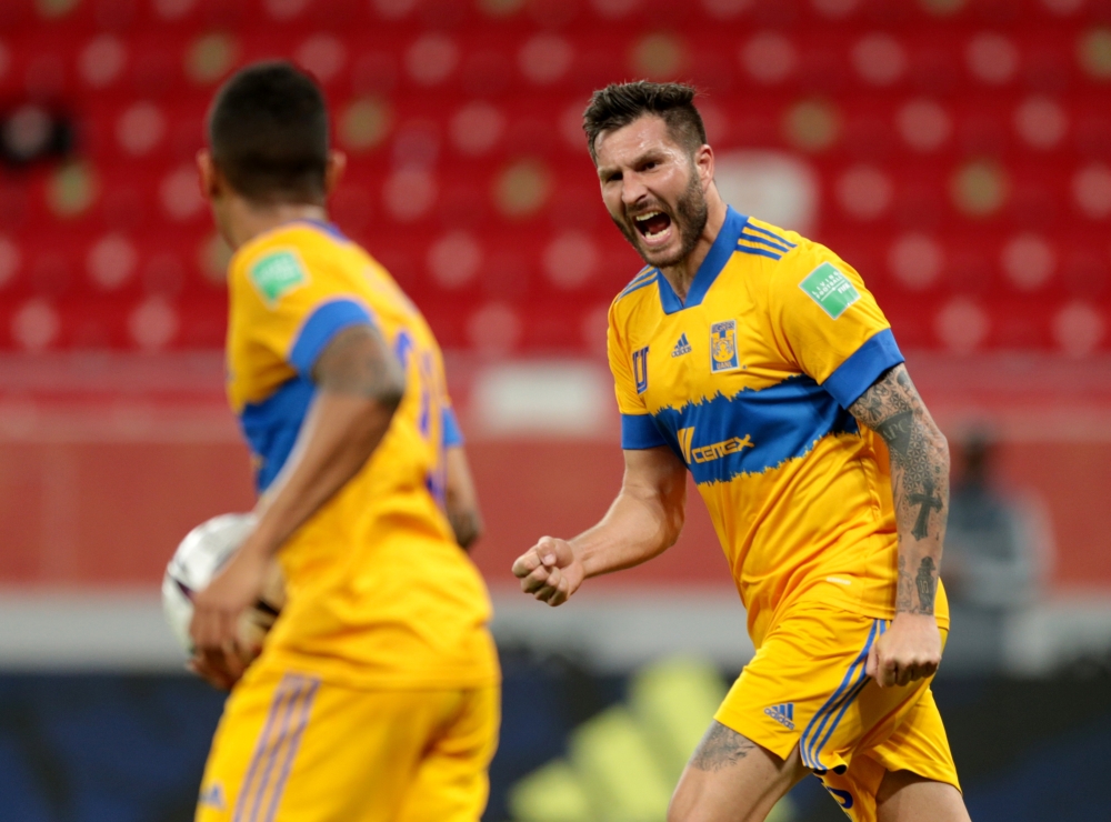 Tigres UANL v Ulsan Hyundai - Al Rayyan Stadium, Ar-Rayyan, Qatar - February 4, 2021 Tigres UANL's Andre-Pierre Gignac celebrates scoring their first goal with teammates REUTERS/Mohammed Dabbous
