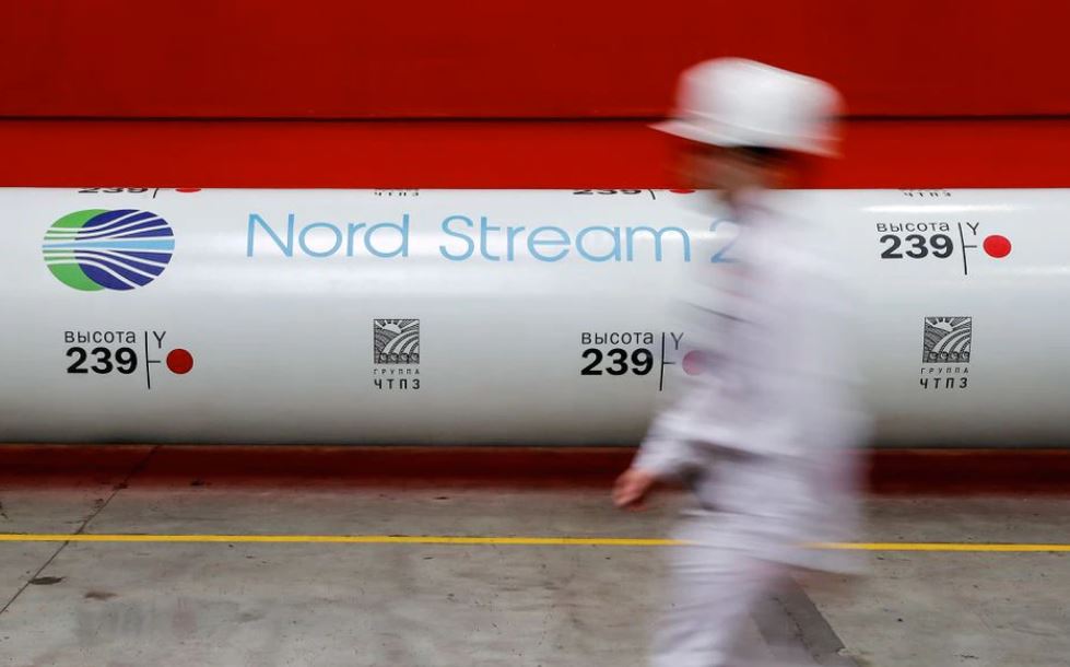 The logo of the Nord Stream 2 gas pipeline project is seen on a pipe at the Chelyabinsk pipe rolling plant in Chelyabinsk, Russia, February 26, 2020. REUTERS/Maxim Shemetov/File Photo/File Photo