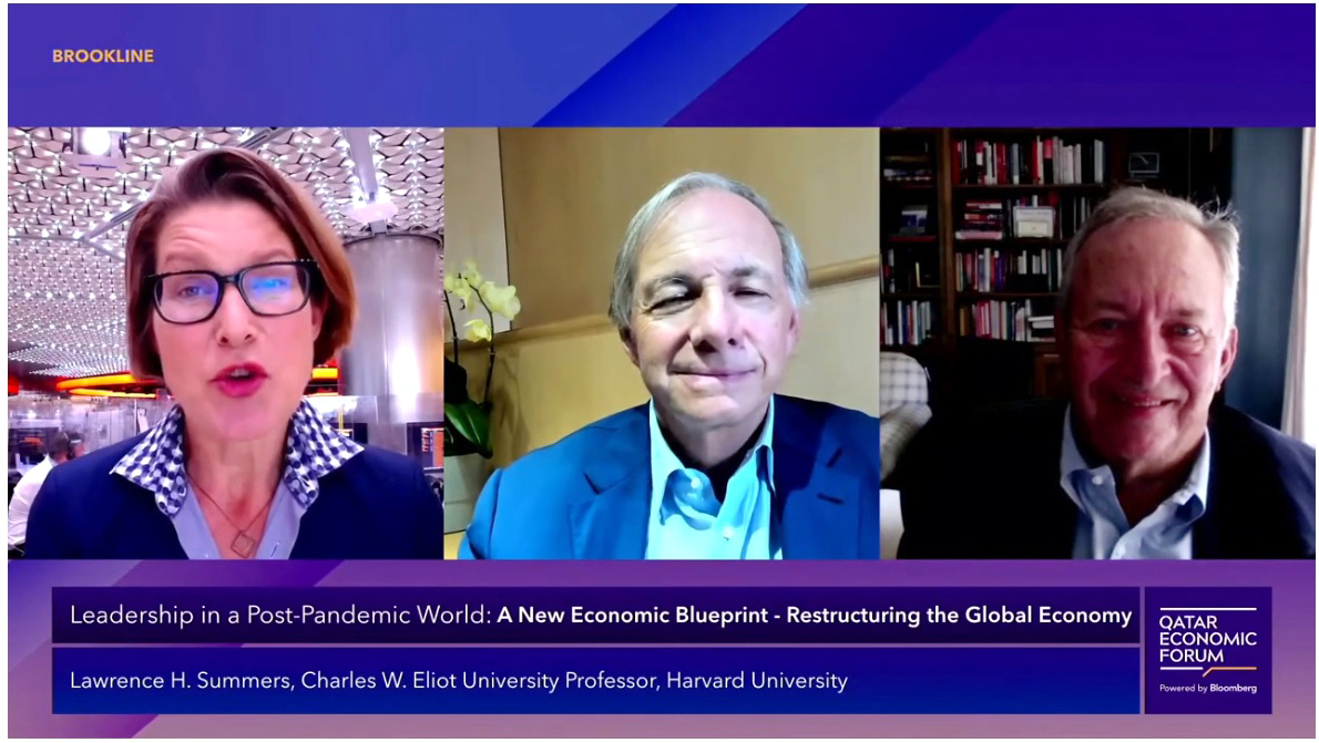 Lawrence Summers (right), former US Treasury Secretary, Ray Dalio (centre), Founder, Co-Chairman and Co-Chief Investment Officer at Bridgewater Associates, during their conversation with Stephanie Flanders (left), Senior Executive for Economics at Bloombe